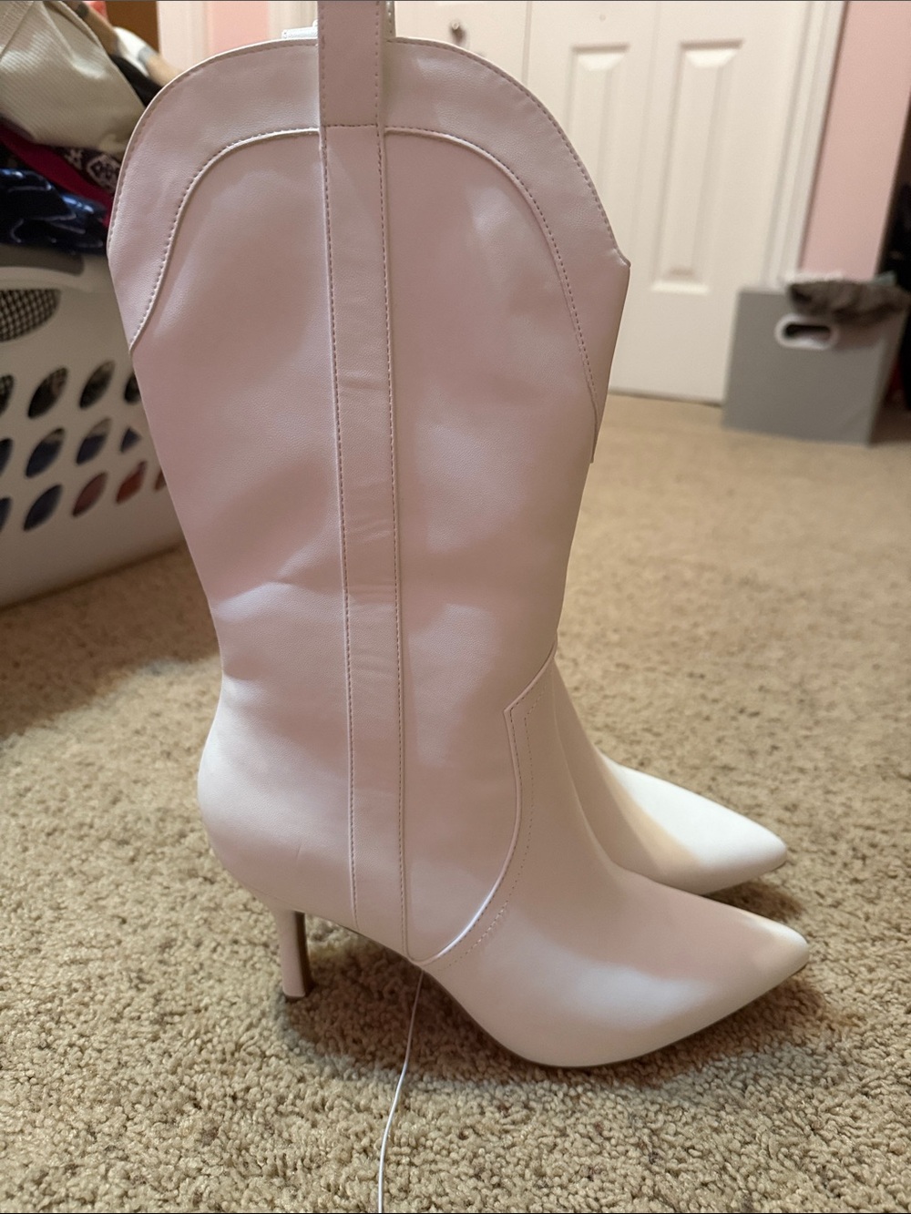 White Women's Pointed-Toe Mid-Calf Heeled Boots